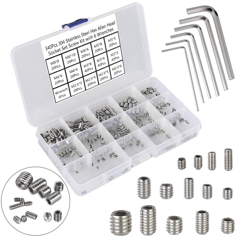 HanTof 340Pcs M2.5, M3, M4, M5, M6, M8 Metric Hex Socket Head Cup Point Set Screws, Allen Head Grub Screw, Internal Hex Drive Headless Set Screw Assortment Kit with 6 Hex Wrenches, 304 Stainless Steel - Image 2